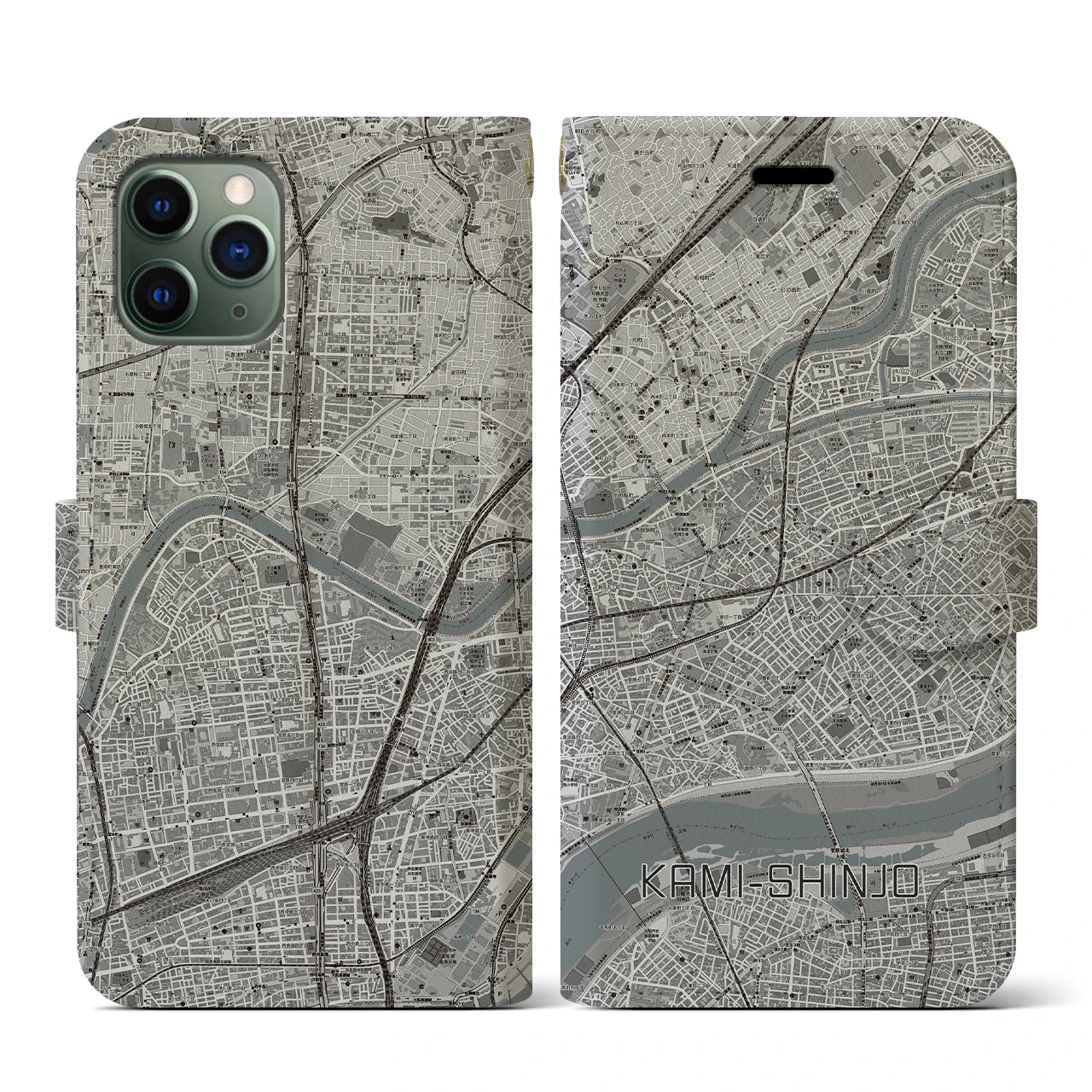 【上新庄(大阪府)】地図柄iPhoneケース(手帳タイプ)モノトーン・iPhone 11 Pro 用