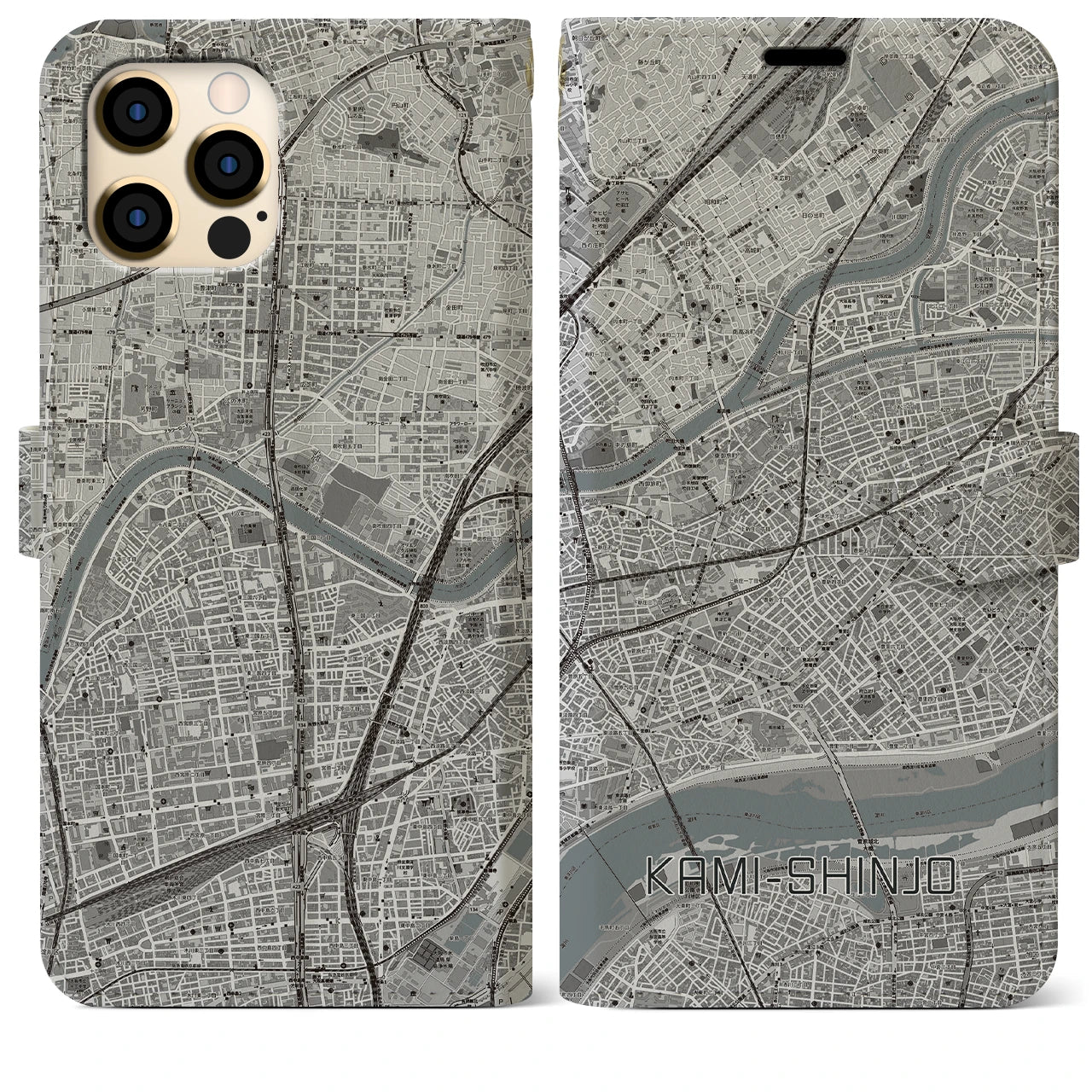【上新庄(大阪府)】地図柄iPhoneケース(手帳タイプ)モノトーン・iPhone 12 Pro Max 用