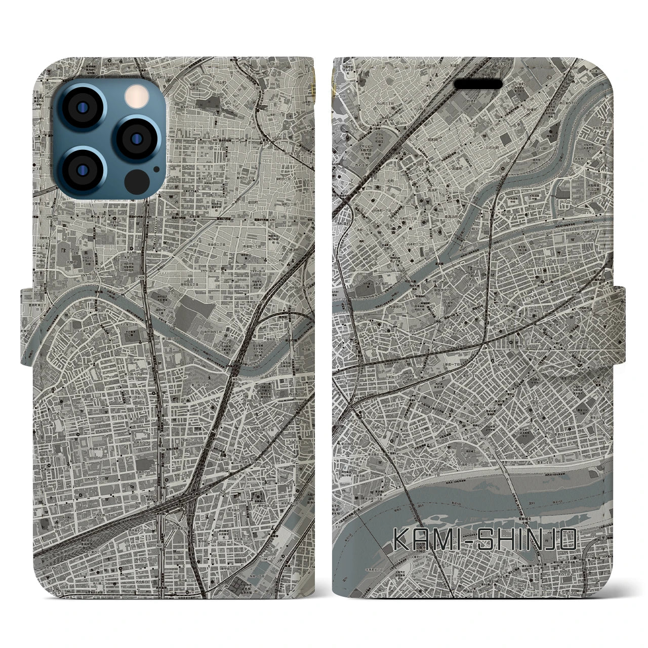 【上新庄(大阪府)】地図柄iPhoneケース(手帳タイプ)モノトーン・iPhone 12 / 12 Pro 用