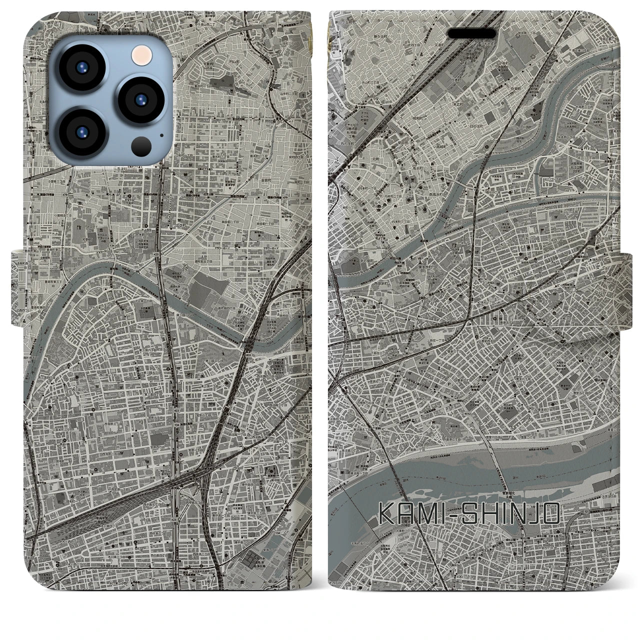 【上新庄(大阪府)】地図柄iPhoneケース(手帳タイプ)モノトーン・iPhone 13 Pro Max 用
