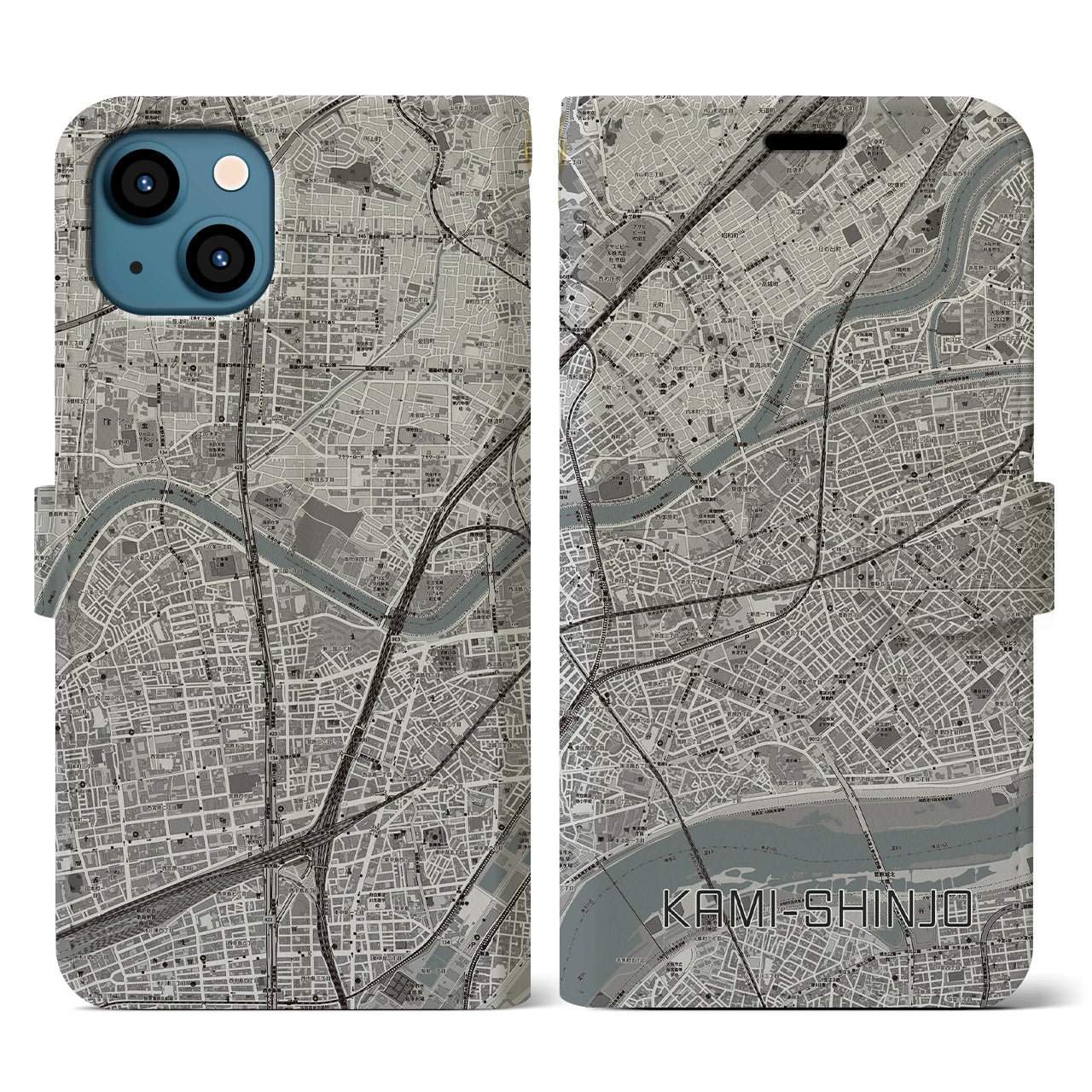 【上新庄(大阪府)】地図柄iPhoneケース(手帳タイプ)モノトーン・iPhone 13 用