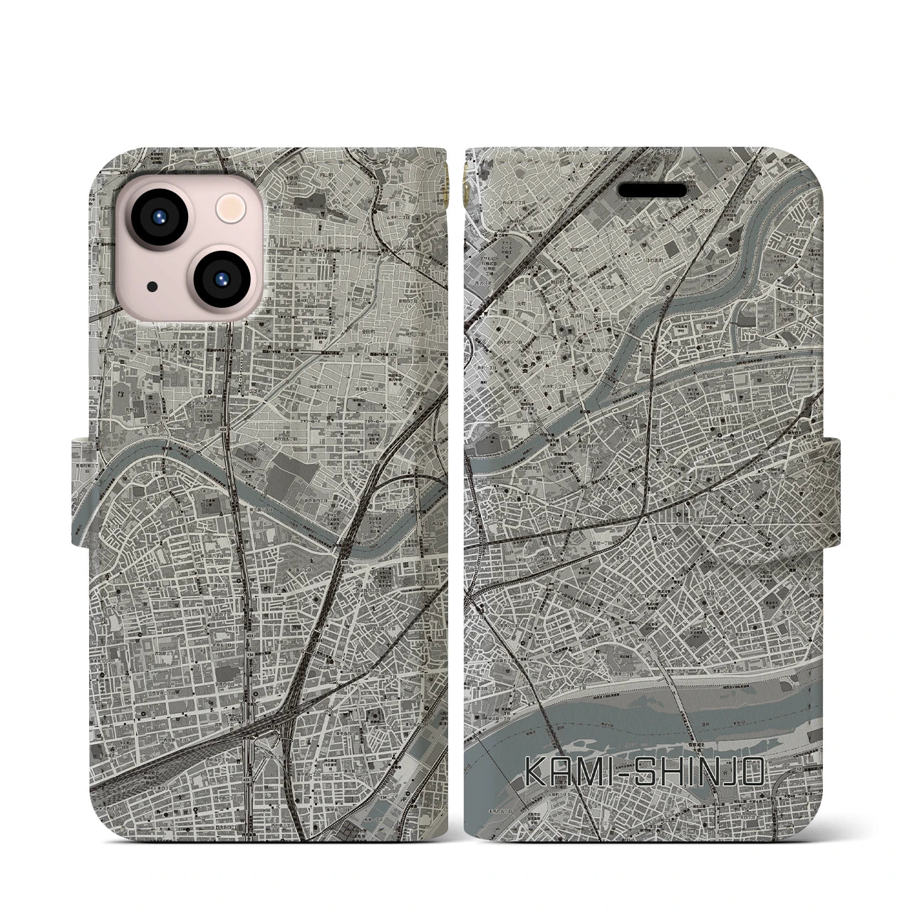 【上新庄(大阪府)】地図柄iPhoneケース(手帳タイプ)モノトーン・iPhone 13 mini 用