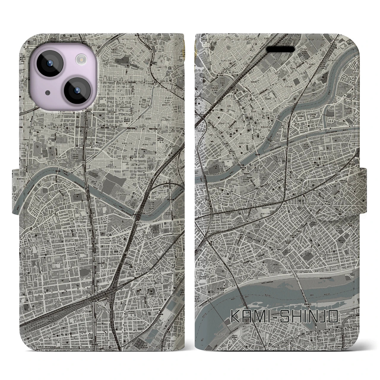 【上新庄(大阪府)】地図柄iPhoneケース(手帳タイプ)モノトーン・iPhone 14 用