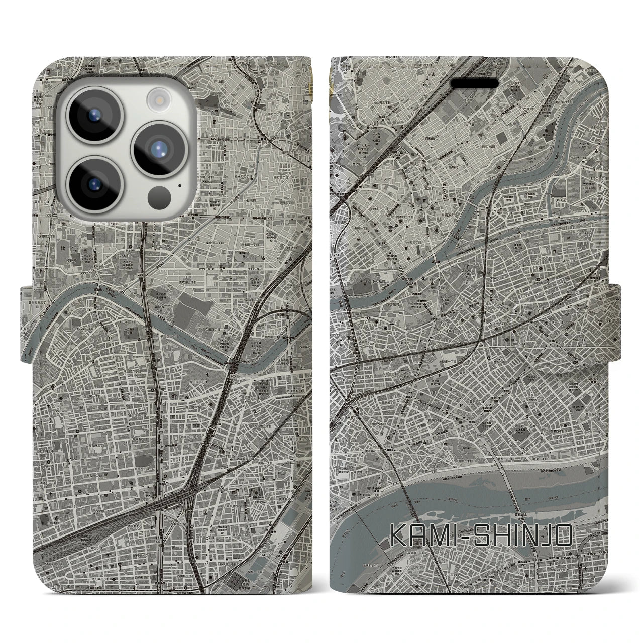 【上新庄(大阪府)】地図柄iPhoneケース(手帳タイプ)モノトーン・iPhone 15 Pro 用