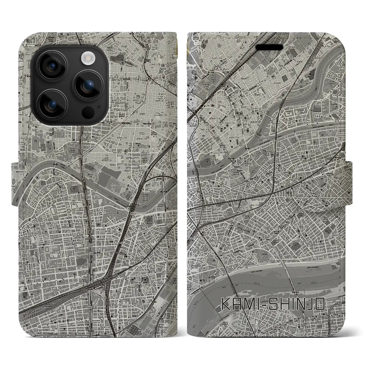 【上新庄(大阪府)】地図柄iPhoneケース(手帳タイプ)モノトーン・iPhone 16 用