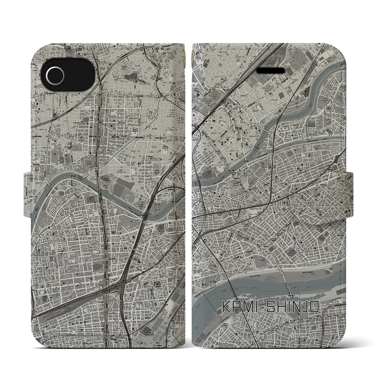 【上新庄(大阪府)】地図柄iPhoneケース(手帳タイプ)モノトーン・iPhone SE(第3 / 第2世代) / 8 / 7 / 6s / 6 用