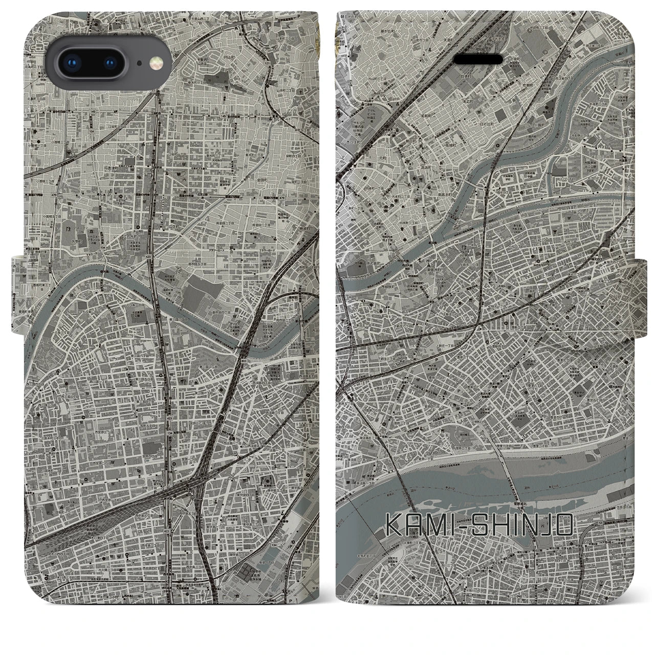 【上新庄(大阪府)】地図柄iPhoneケース(手帳タイプ)モノトーン・iPhone 8Plus /7Plus / 6sPlus / 6Plus 用