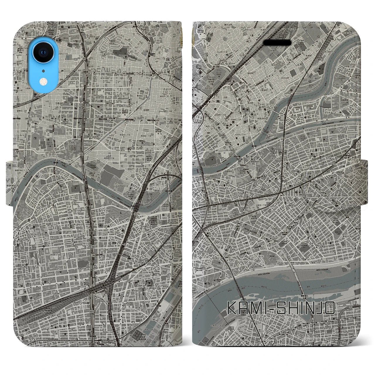 【上新庄(大阪府)】地図柄iPhoneケース(手帳タイプ)モノトーン・iPhone XR 用