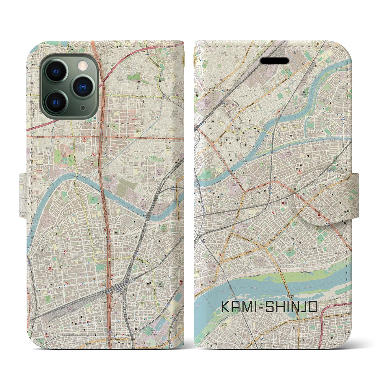 【上新庄(大阪府)】地図柄iPhoneケース(手帳タイプ)ナチュラル・iPhone 11 Pro 用