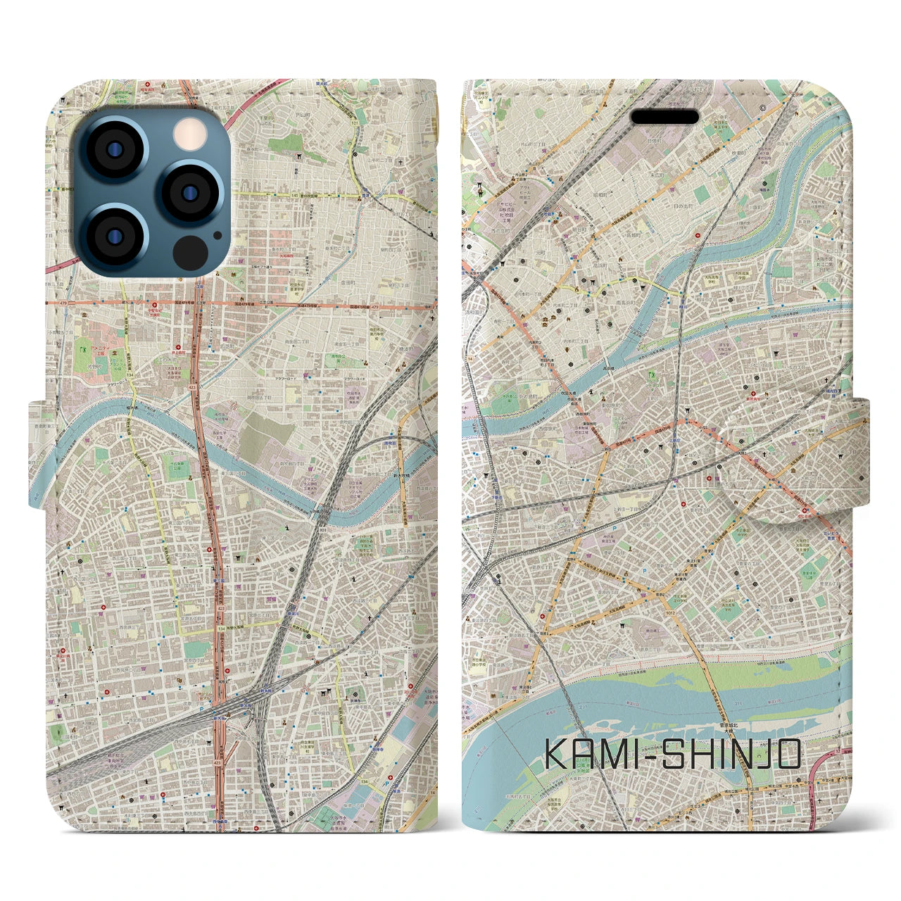 【上新庄(大阪府)】地図柄iPhoneケース(手帳タイプ)ナチュラル・iPhone 12 / 12 Pro 用