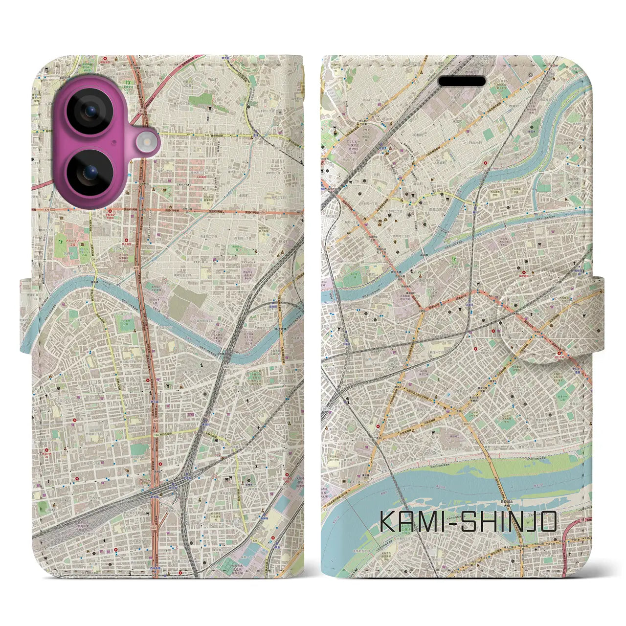 【上新庄(大阪府)】地図柄iPhoneケース(手帳タイプ)ナチュラル・iPhone 16 Pro 用