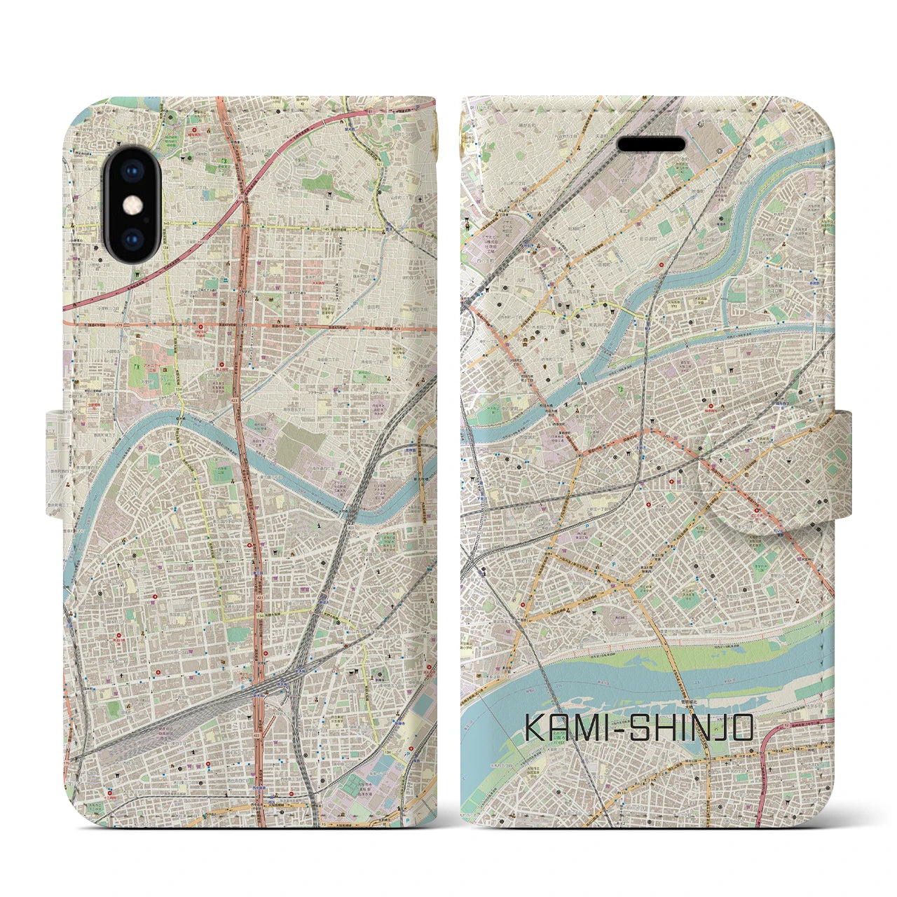 【上新庄(大阪府)】地図柄iPhoneケース(手帳タイプ)ナチュラル・iPhone XS / X 用