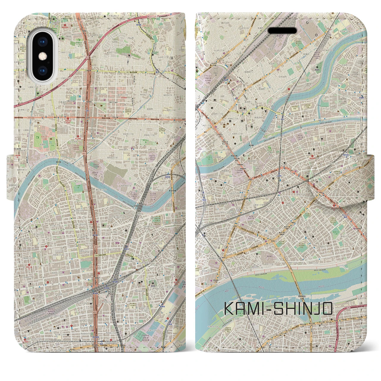 【上新庄(大阪府)】地図柄iPhoneケース(手帳タイプ)ナチュラル・iPhone XS Max 用