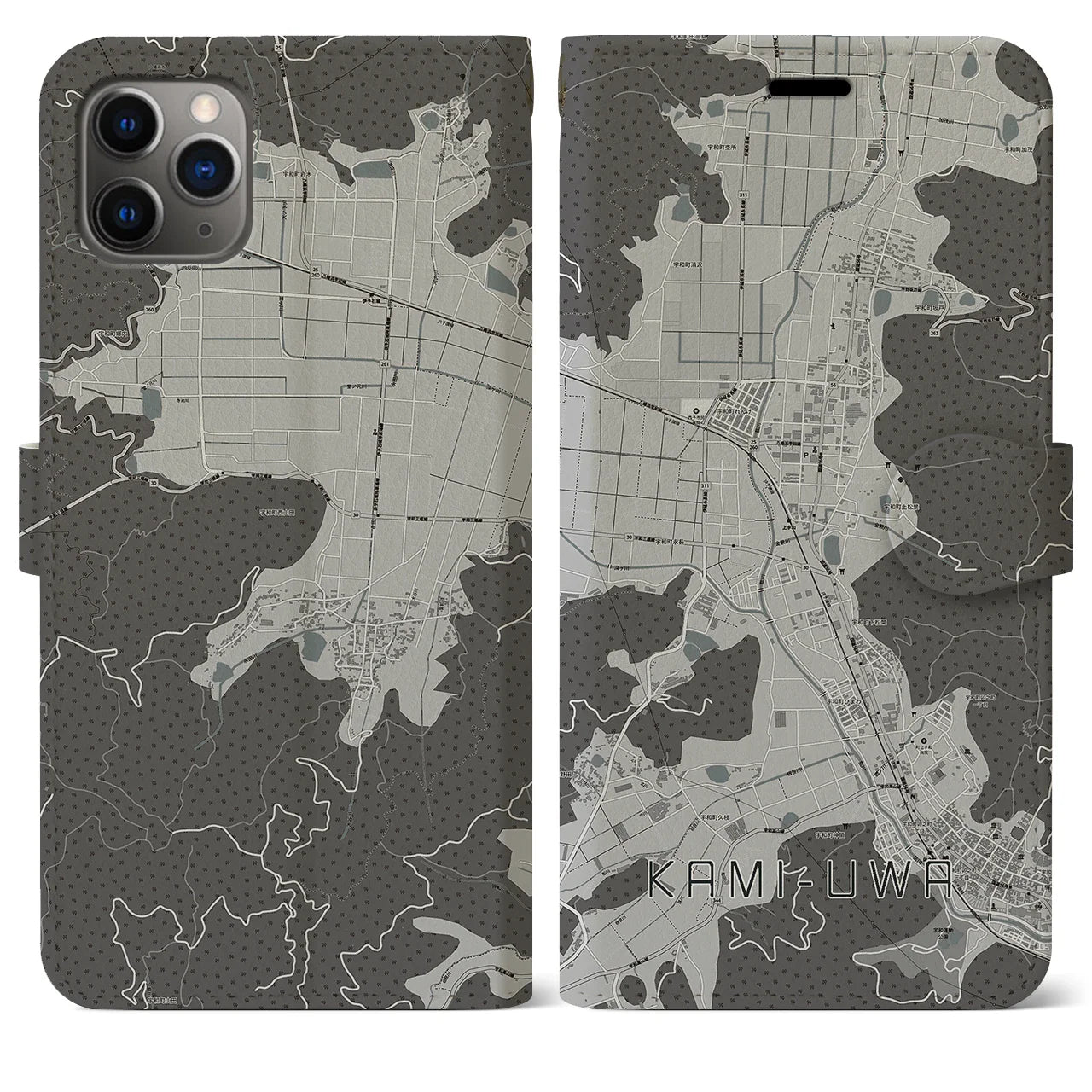 【上宇和(愛媛県)】地図柄iPhoneケース(手帳タイプ)モノトーン・iPhone 11 Pro Max 用
