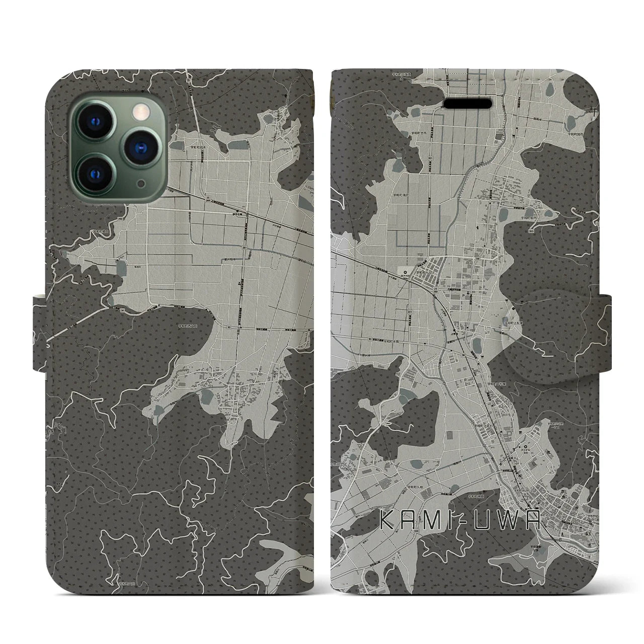 【上宇和(愛媛県)】地図柄iPhoneケース(手帳タイプ)モノトーン・iPhone 11 Pro 用