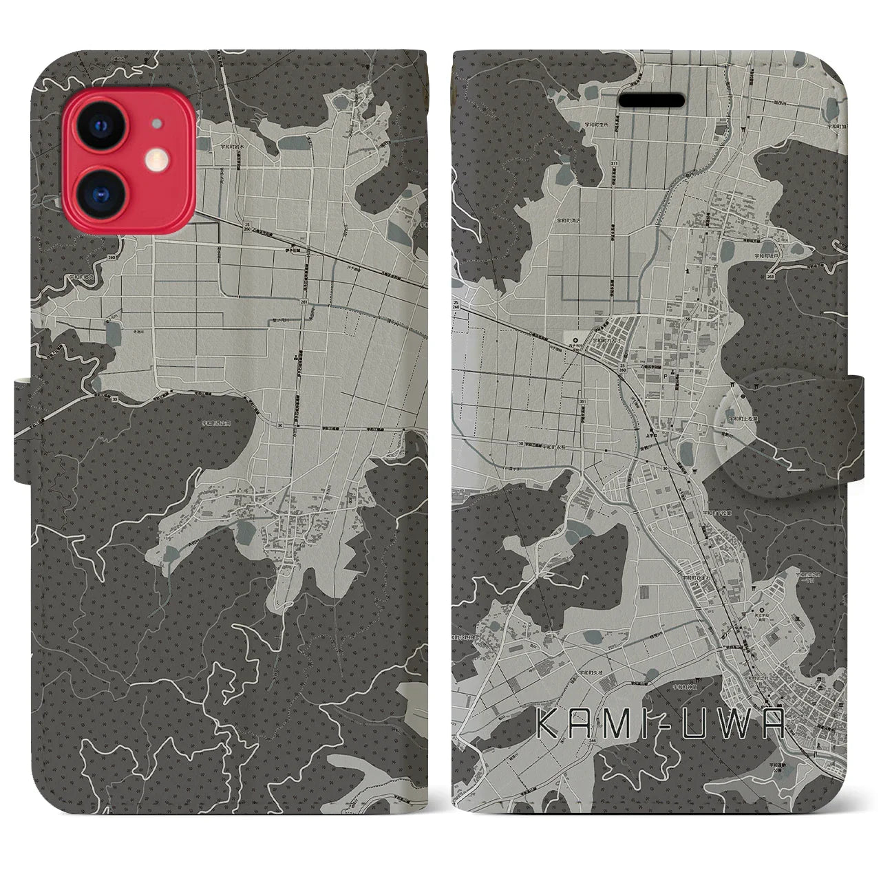 【上宇和(愛媛県)】地図柄iPhoneケース(手帳タイプ)モノトーン・iPhone 11 用