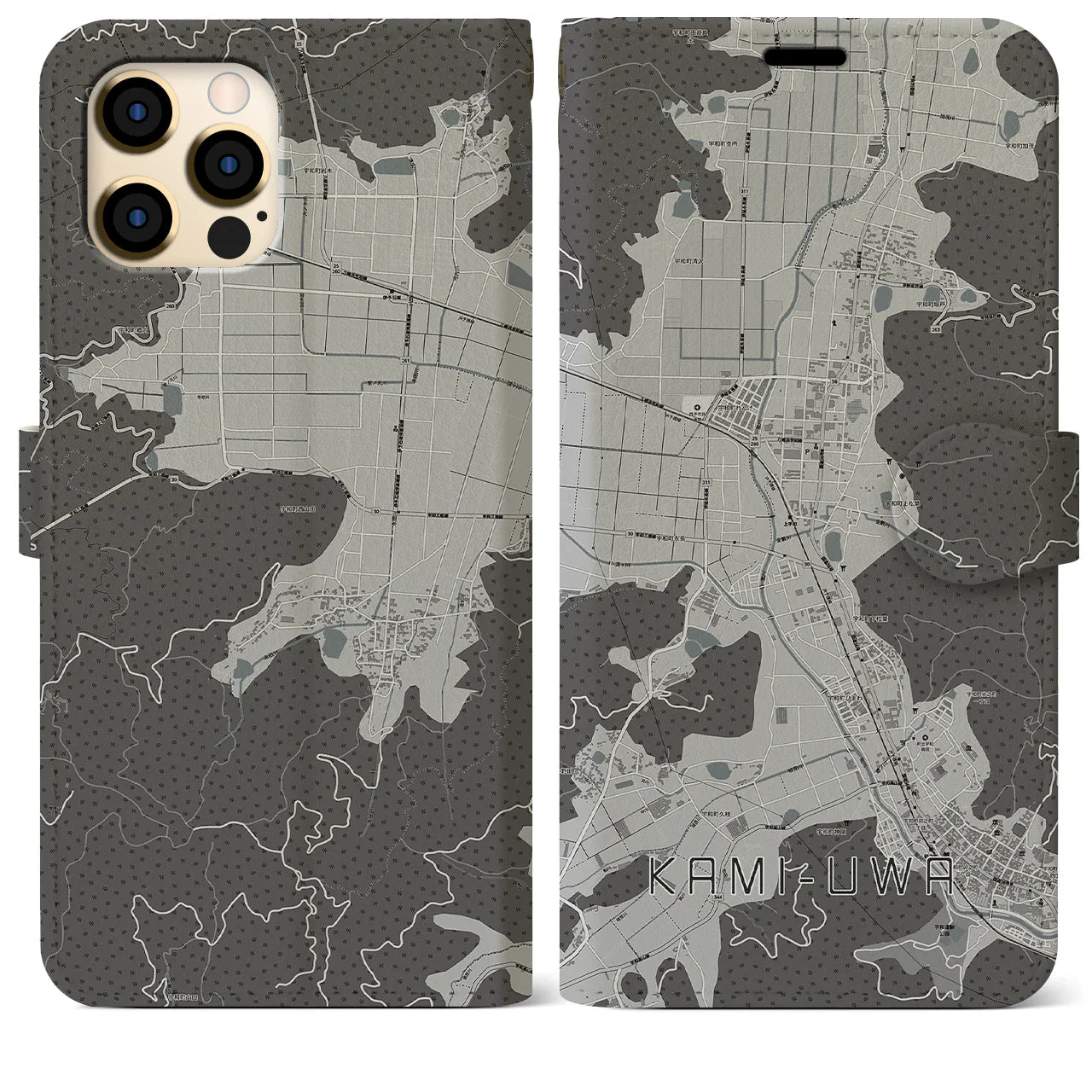 【上宇和(愛媛県)】地図柄iPhoneケース(手帳タイプ)モノトーン・iPhone 12 Pro Max 用