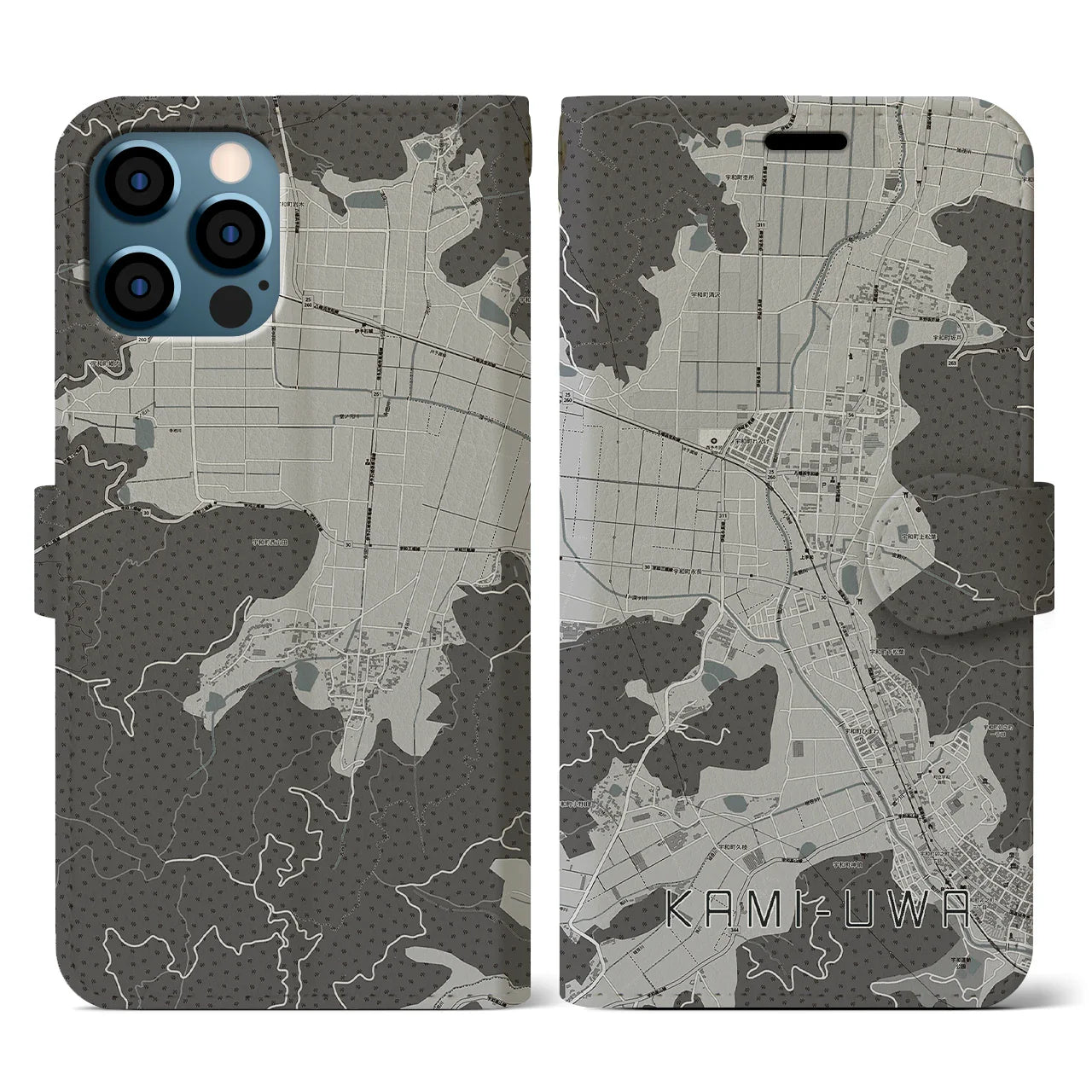 【上宇和(愛媛県)】地図柄iPhoneケース(手帳タイプ)モノトーン・iPhone 12 / 12 Pro 用