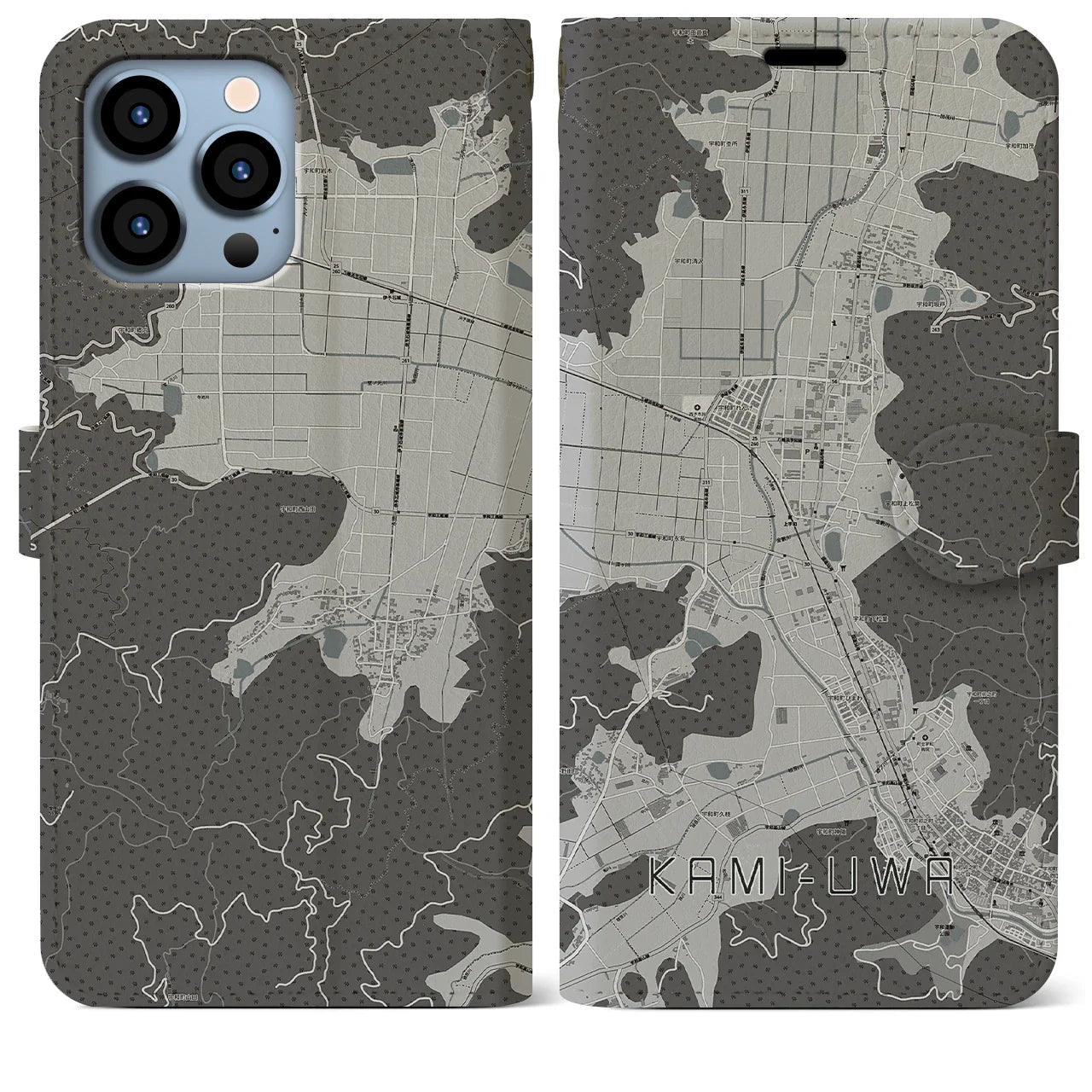 【上宇和(愛媛県)】地図柄iPhoneケース(手帳タイプ)モノトーン・iPhone 13 Pro Max 用
