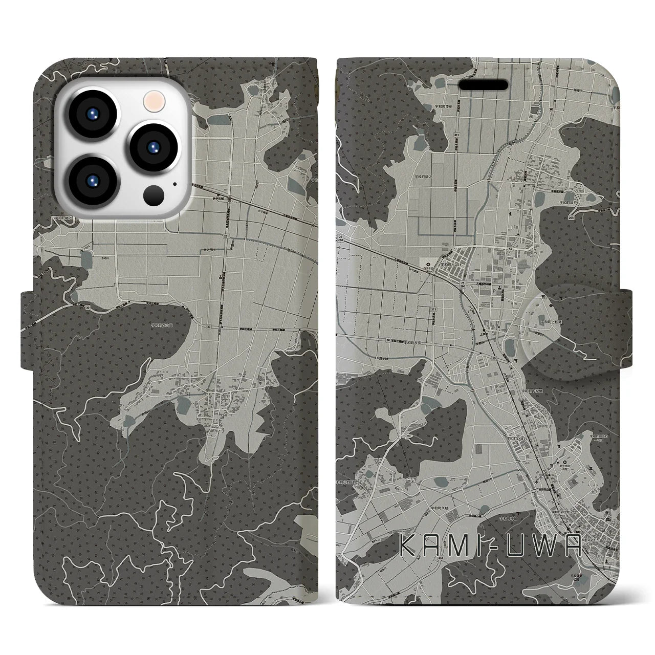 【上宇和(愛媛県)】地図柄iPhoneケース(手帳タイプ)モノトーン・iPhone 13 Pro 用