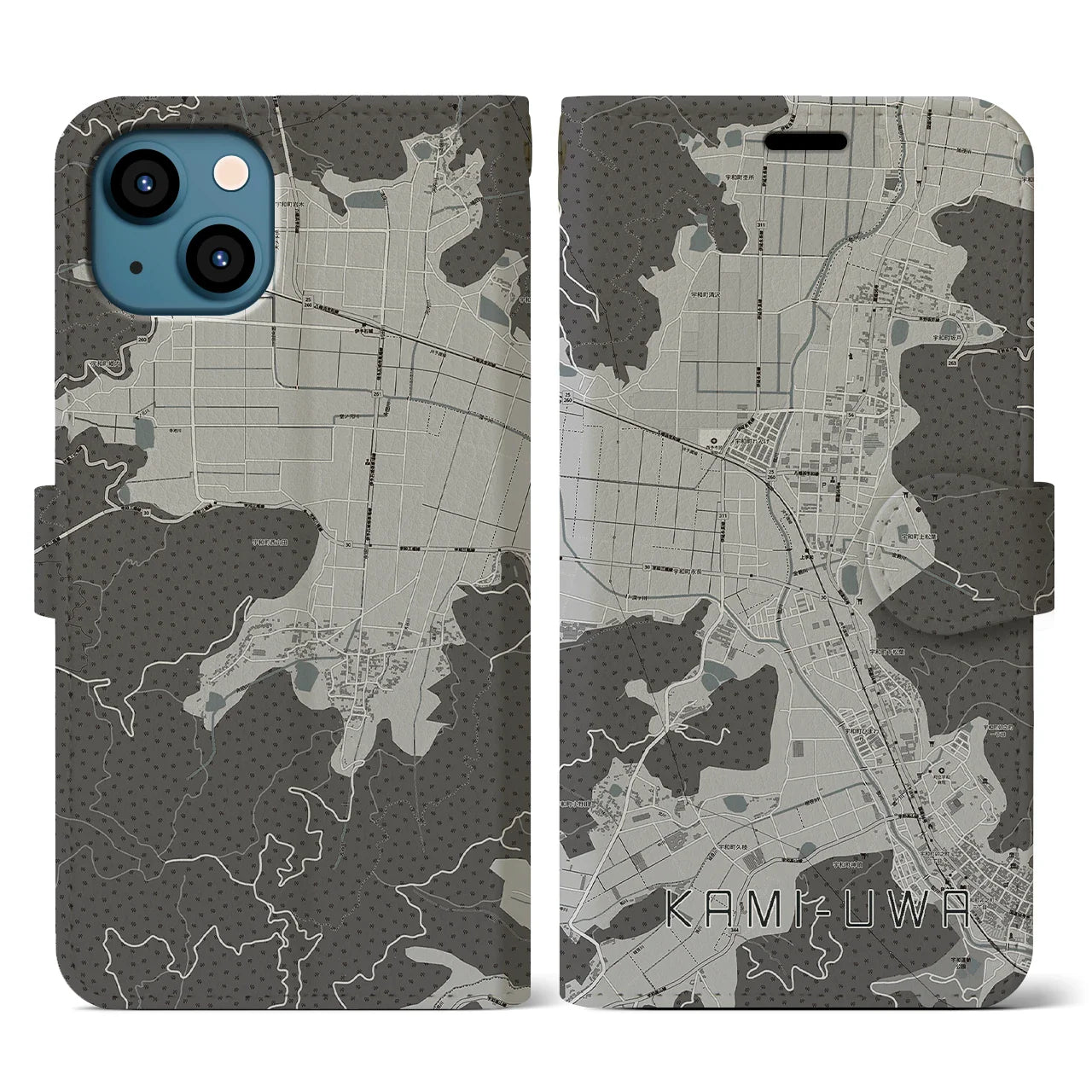 【上宇和(愛媛県)】地図柄iPhoneケース(手帳タイプ)モノトーン・iPhone 13 用