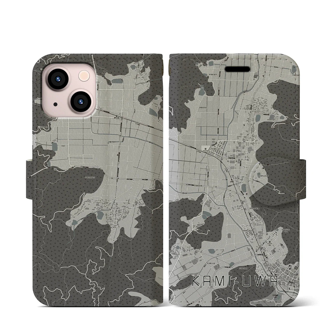 【上宇和(愛媛県)】地図柄iPhoneケース(手帳タイプ)モノトーン・iPhone 13 mini 用