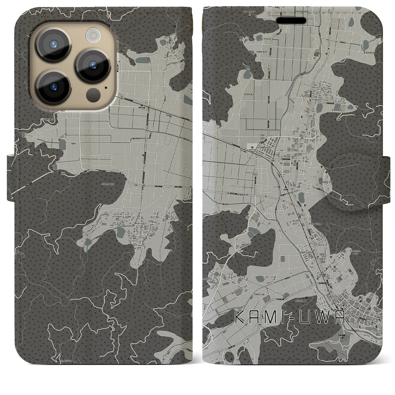 【上宇和(愛媛県)】地図柄iPhoneケース(手帳タイプ)モノトーン・iPhone 14 Pro Max 用