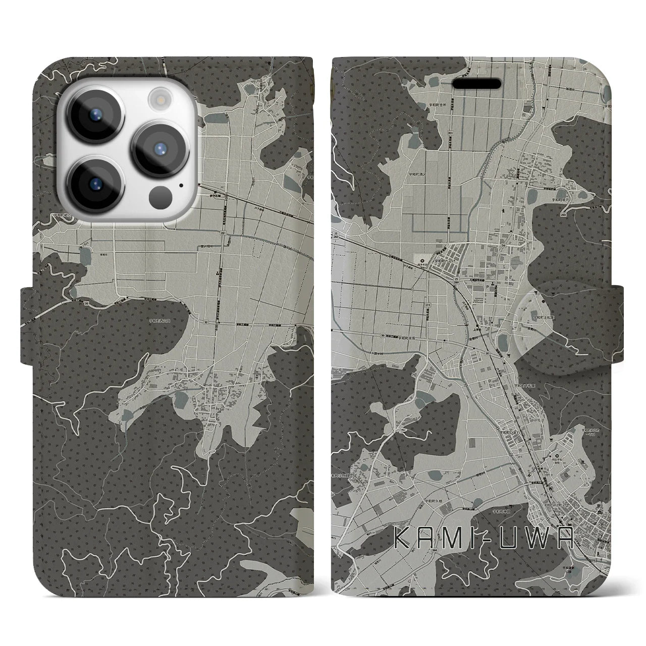 【上宇和(愛媛県)】地図柄iPhoneケース(手帳タイプ)モノトーン・iPhone 14 Pro 用
