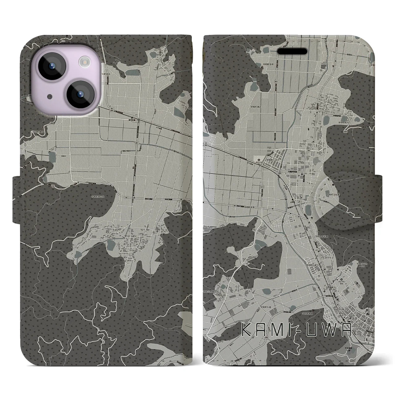 【上宇和(愛媛県)】地図柄iPhoneケース(手帳タイプ)モノトーン・iPhone 14 用