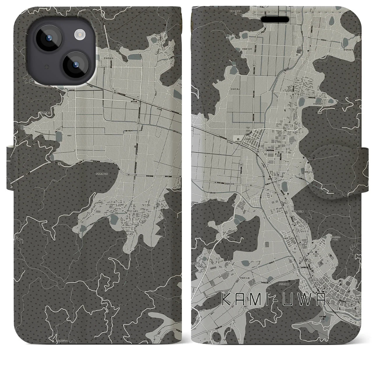 【上宇和(愛媛県)】地図柄iPhoneケース(手帳タイプ)モノトーン・iPhone 14 Plus 用