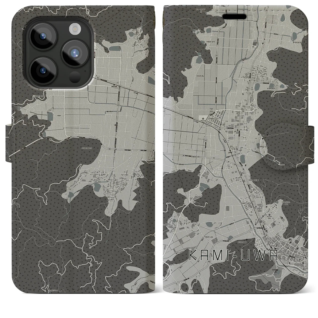 【上宇和(愛媛県)】地図柄iPhoneケース(手帳タイプ)モノトーン・iPhone 15 Pro Max 用