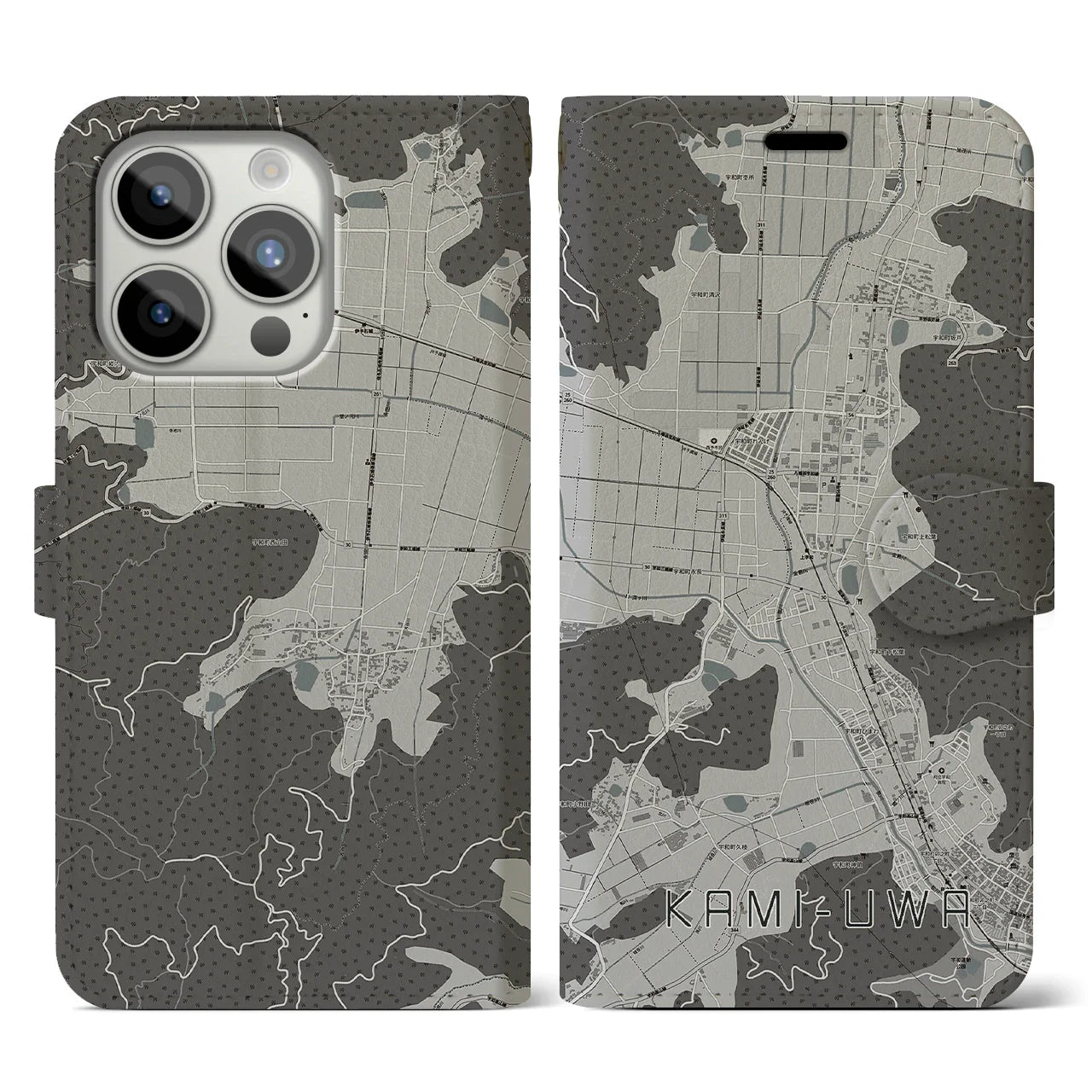 【上宇和(愛媛県)】地図柄iPhoneケース(手帳タイプ)モノトーン・iPhone 15 Pro 用