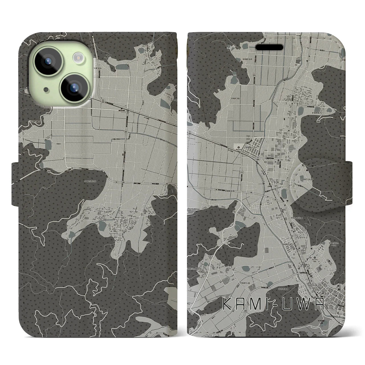【上宇和(愛媛県)】地図柄iPhoneケース(手帳タイプ)モノトーン・iPhone 15 用