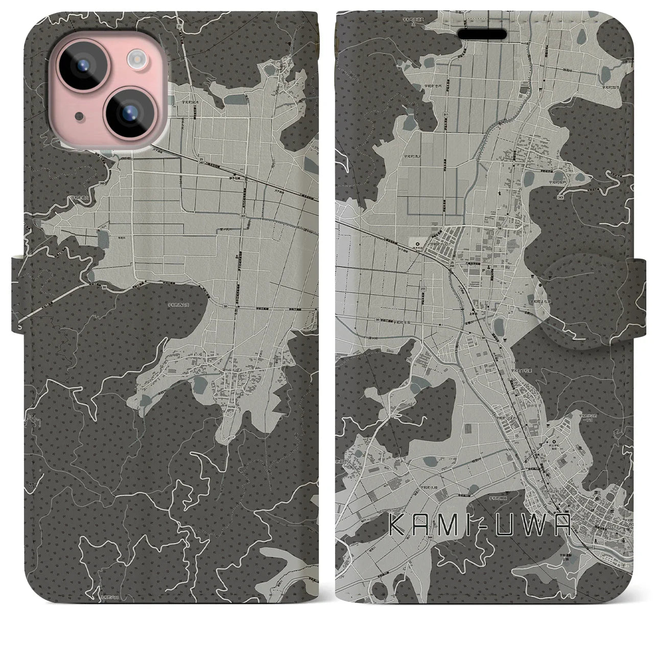 【上宇和(愛媛県)】地図柄iPhoneケース(手帳タイプ)モノトーン・iPhone 15 Plus 用