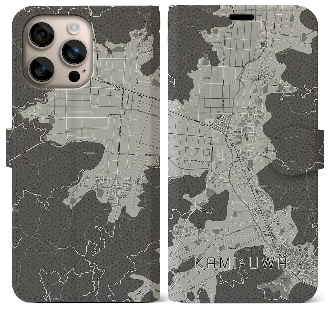 【上宇和(愛媛県)】地図柄iPhoneケース(手帳タイプ)モノトーン・iPhone 16 Plus 用