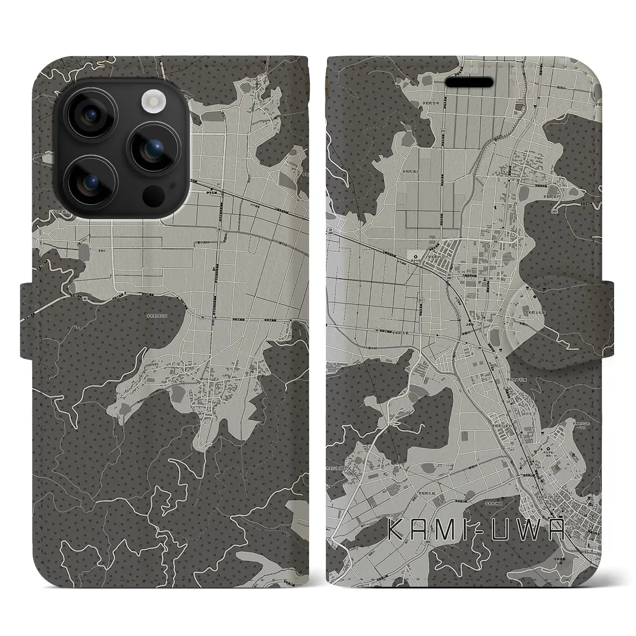 【上宇和(愛媛県)】地図柄iPhoneケース(手帳タイプ)モノトーン・iPhone 16 用