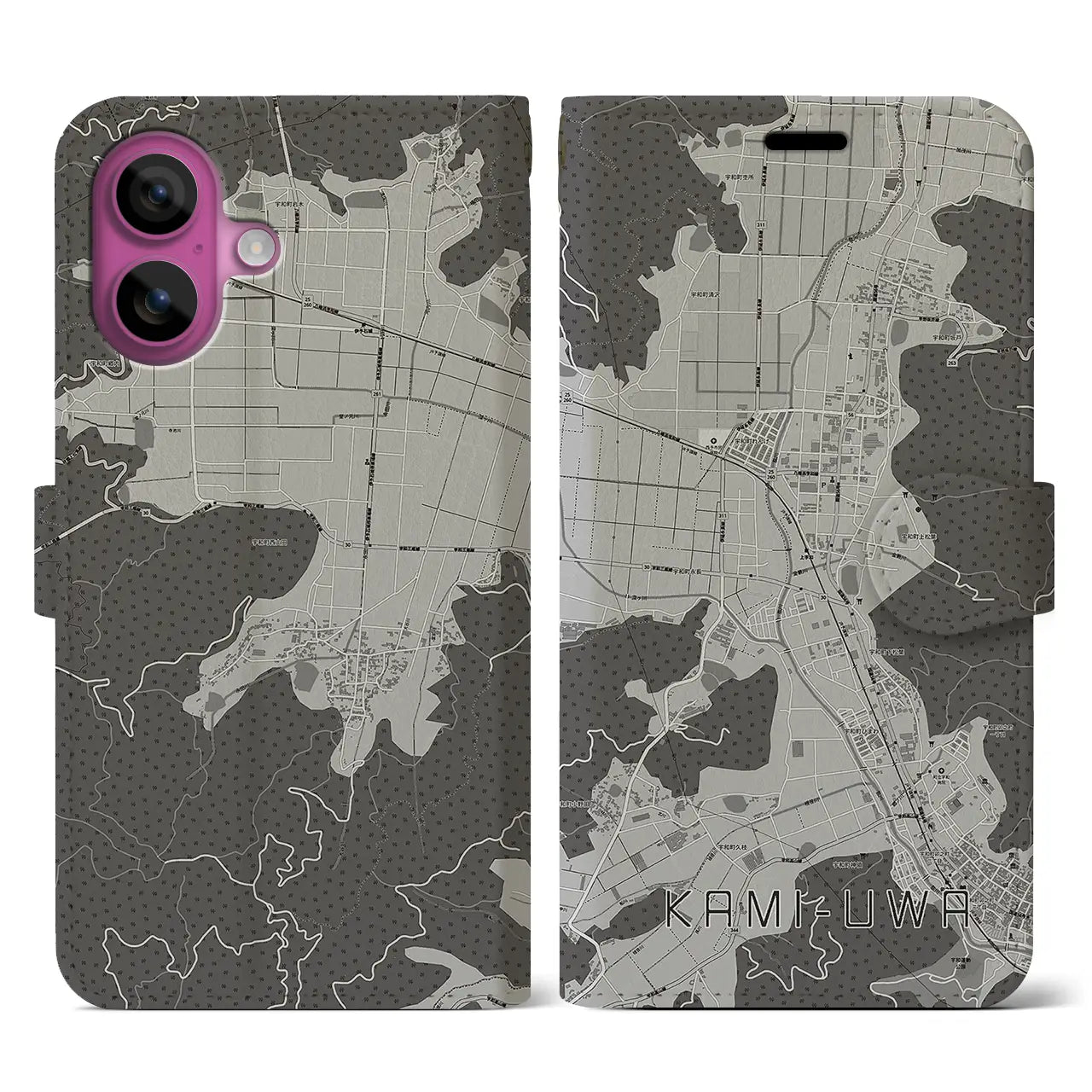 【上宇和(愛媛県)】地図柄iPhoneケース(手帳タイプ)モノトーン・iPhone 16 Pro 用