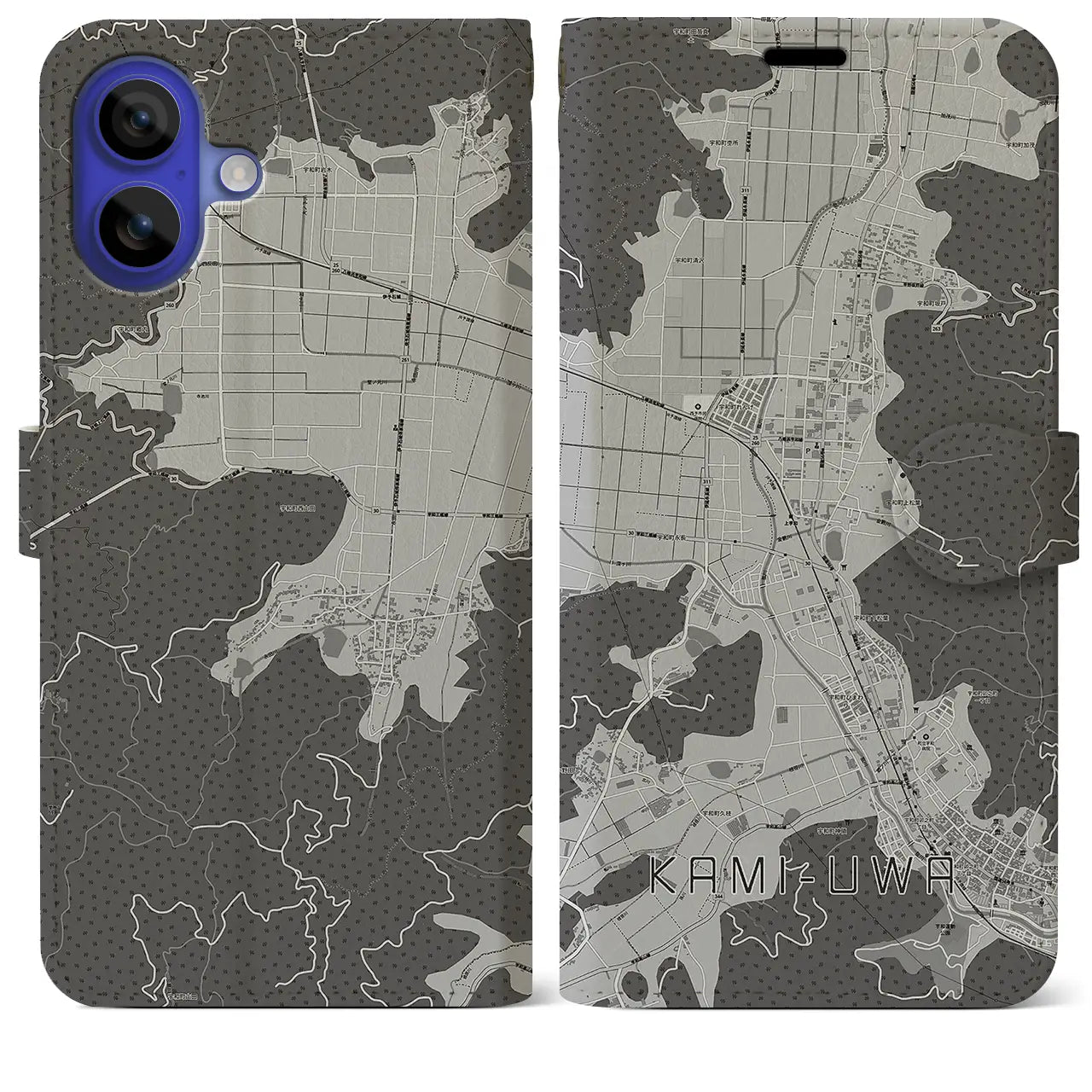 【上宇和(愛媛県)】地図柄iPhoneケース(手帳タイプ)モノトーン・iPhone 16 Pro Max 用