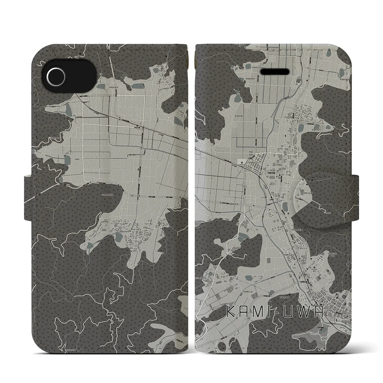 【上宇和(愛媛県)】地図柄iPhoneケース(手帳タイプ)モノトーン・iPhone SE(第3 / 第2世代) / 8 / 7 / 6s / 6 用