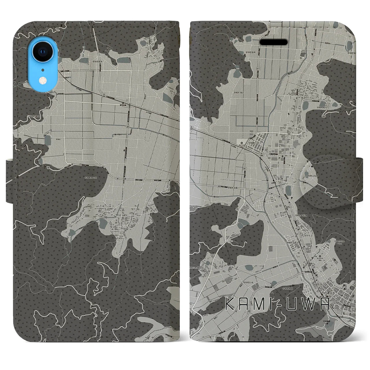 【上宇和(愛媛県)】地図柄iPhoneケース(手帳タイプ)モノトーン・iPhone XR 用