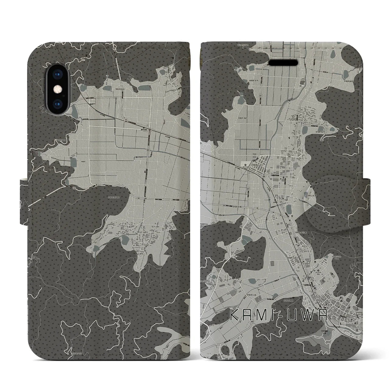 【上宇和(愛媛県)】地図柄iPhoneケース(手帳タイプ)モノトーン・iPhone XS / X 用