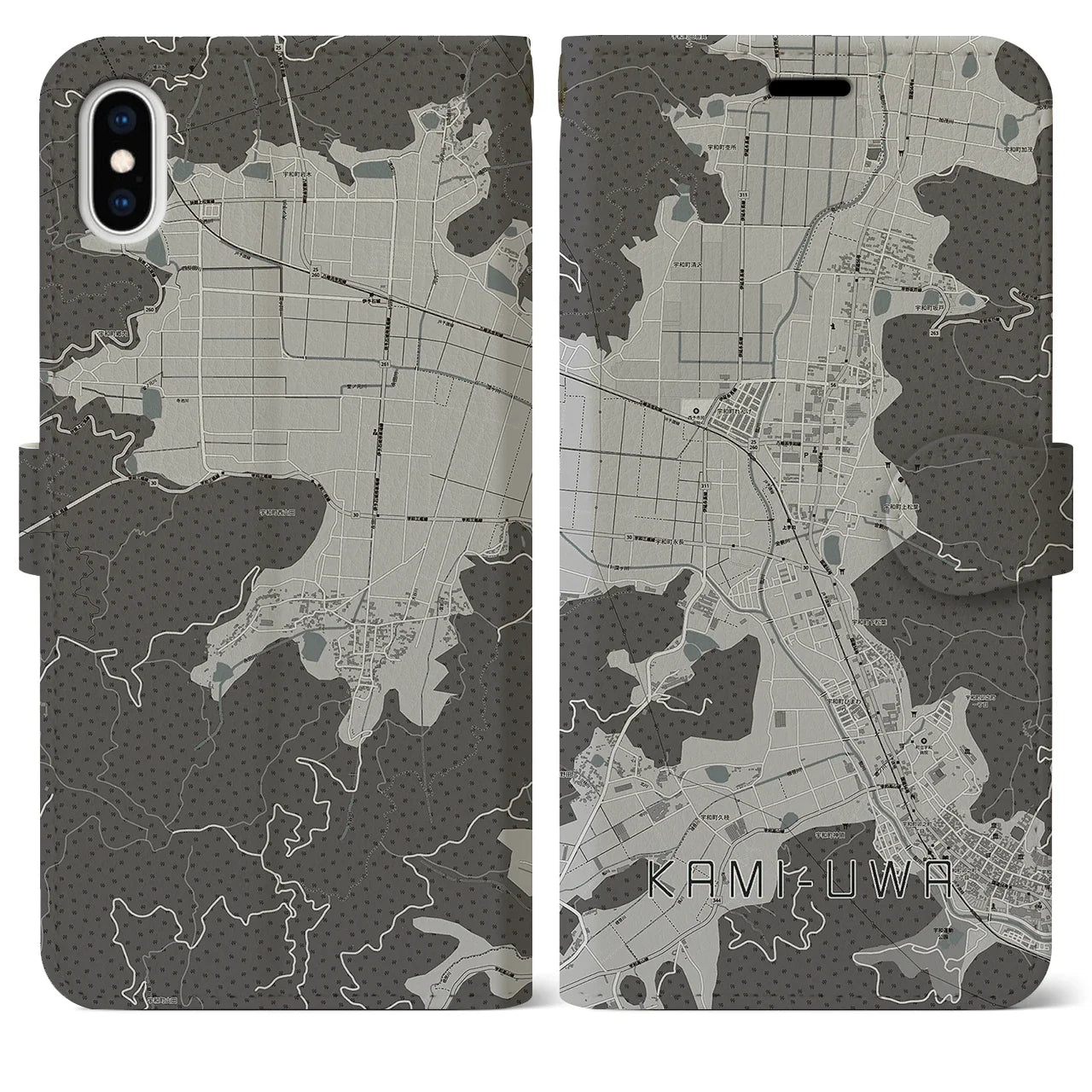 【上宇和(愛媛県)】地図柄iPhoneケース(手帳タイプ)モノトーン・iPhone XS Max 用