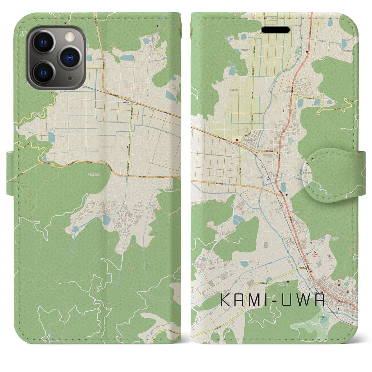 【上宇和(愛媛県)】地図柄iPhoneケース(手帳タイプ)ナチュラル・iPhone 11 Pro Max 用