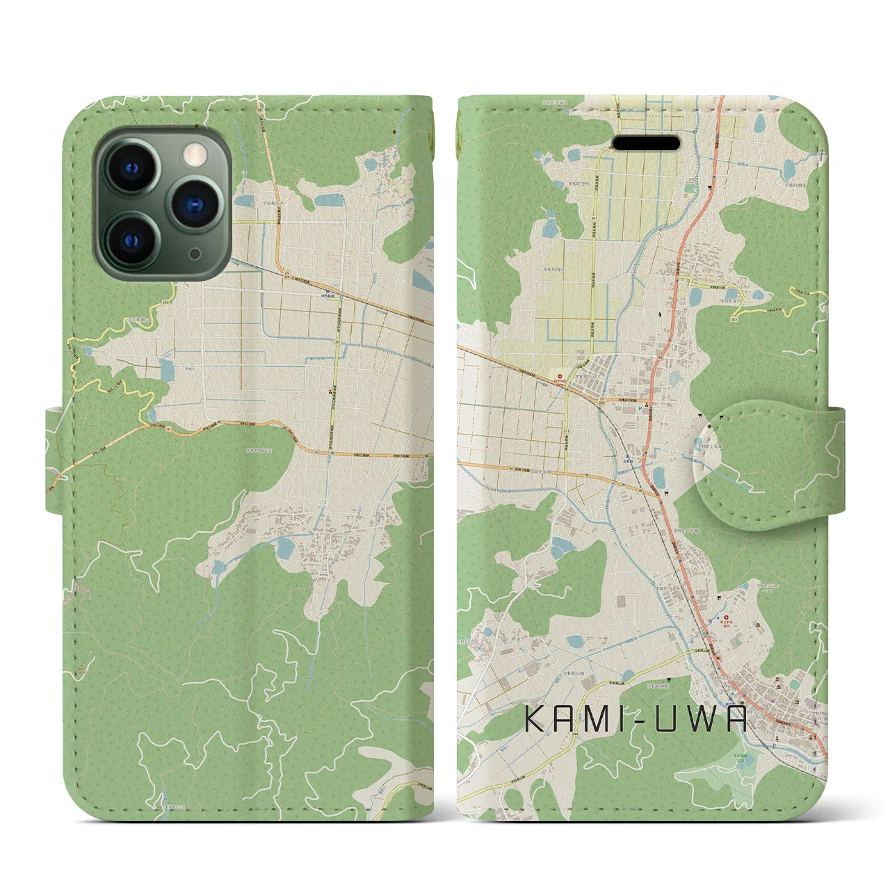 【上宇和(愛媛県)】地図柄iPhoneケース(手帳タイプ)ナチュラル・iPhone 11 Pro 用