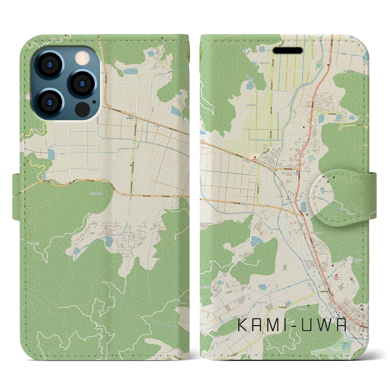 【上宇和(愛媛県)】地図柄iPhoneケース(手帳タイプ)ナチュラル・iPhone 12 / 12 Pro 用