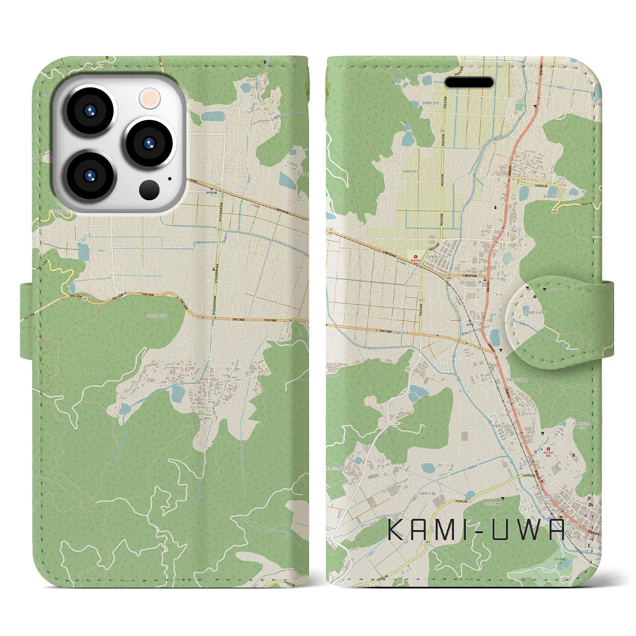 【上宇和(愛媛県)】地図柄iPhoneケース(手帳タイプ)ナチュラル・iPhone 13 Pro 用