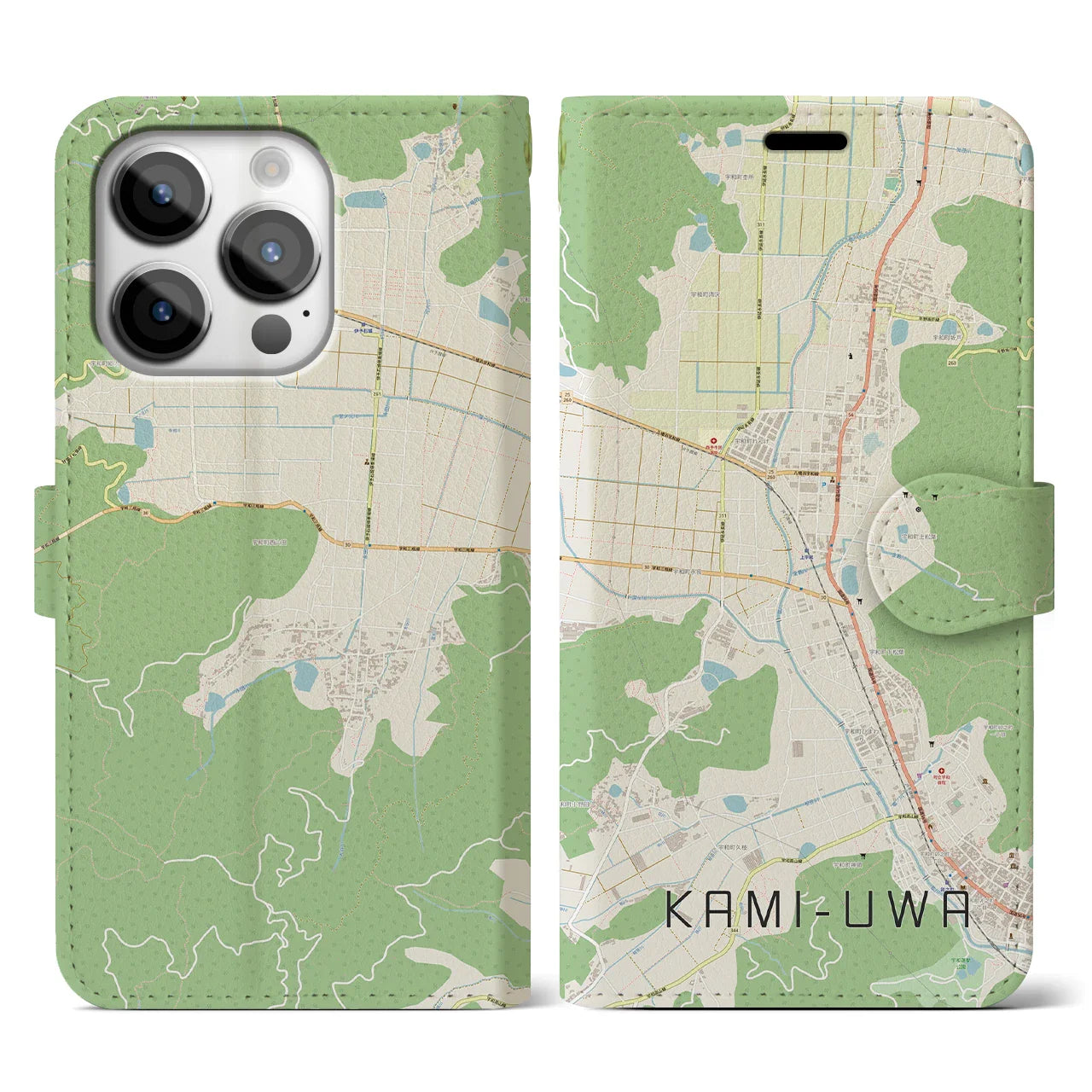 【上宇和(愛媛県)】地図柄iPhoneケース(手帳タイプ)ナチュラル・iPhone 14 Pro 用