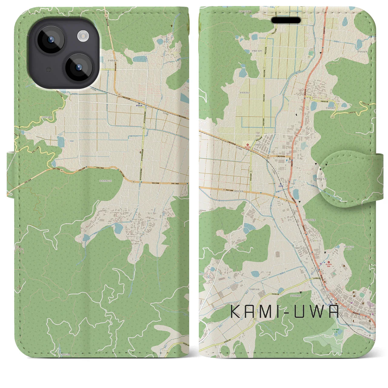【上宇和(愛媛県)】地図柄iPhoneケース(手帳タイプ)ナチュラル・iPhone 14 Plus 用
