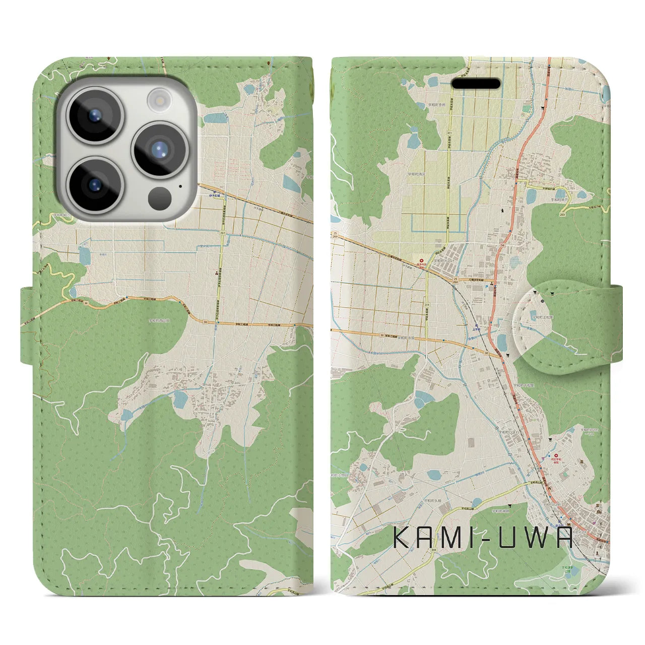 【上宇和(愛媛県)】地図柄iPhoneケース(手帳タイプ)ナチュラル・iPhone 15 Pro 用