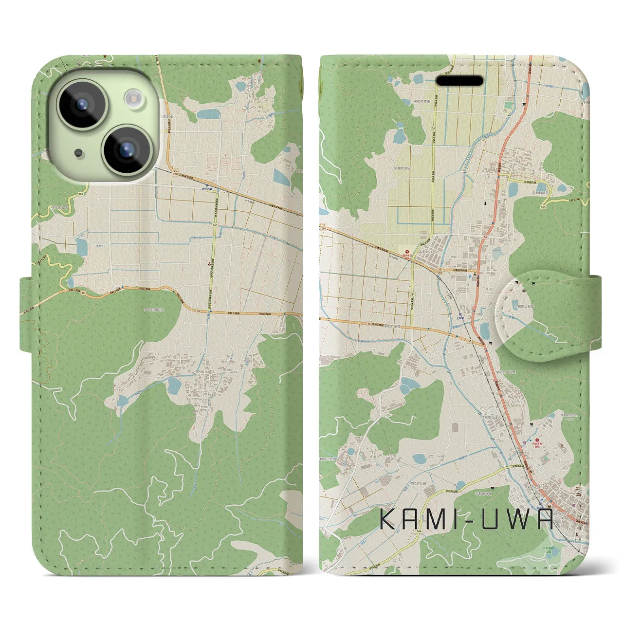 【上宇和(愛媛県)】地図柄iPhoneケース(手帳タイプ)ナチュラル・iPhone 15 用